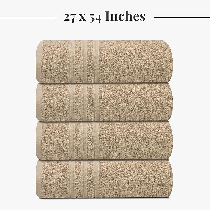 Tens Towels Pack of 4 Soft Bath Towels, 100% Cotton, 27 x 54 Inches, Lightweight & Quick-Dry, Ideal for Daily Bathroom Use, Practical & Comfortable, Beige