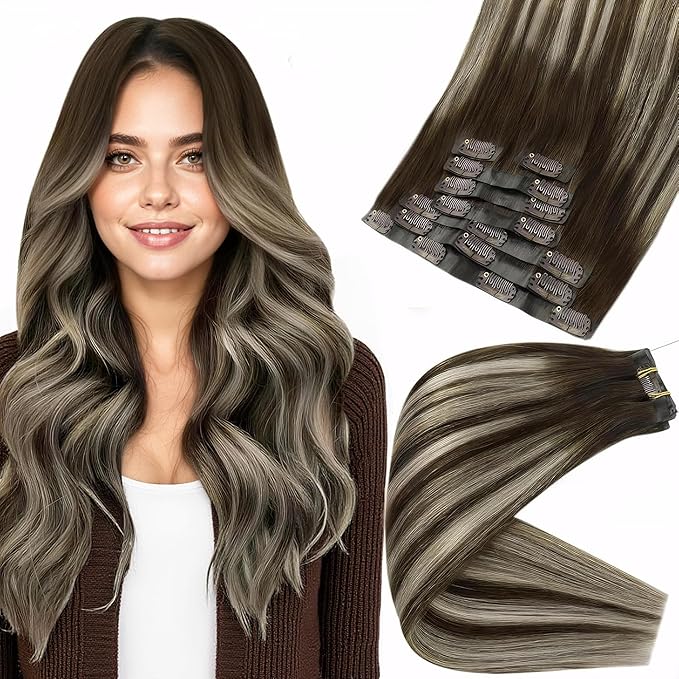Full Shine Real Hair Extensions Clip in Human Hair Dark Brown to Platinum Blonde Seamless Clip ins Human Hair for Short Hair Washability 12 Inch 8 PCS 95 G