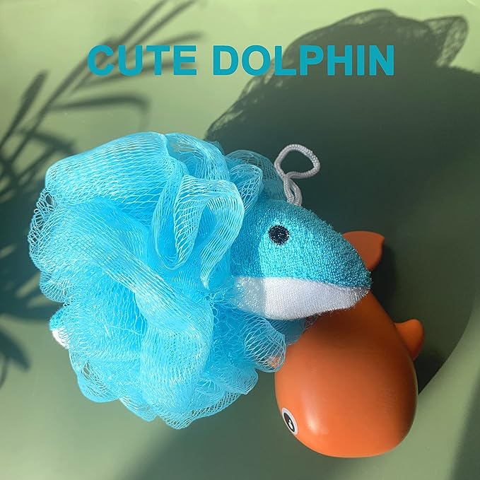 Loofah Exfoliating Shower Stuffed Sponge Pouf Mesh Brush with Animal Design - Bath Spa Puff Scrubber Ball - Body Poof for Man and Woman - Rich Foams Bubble（4.7" Each） Pack of 4