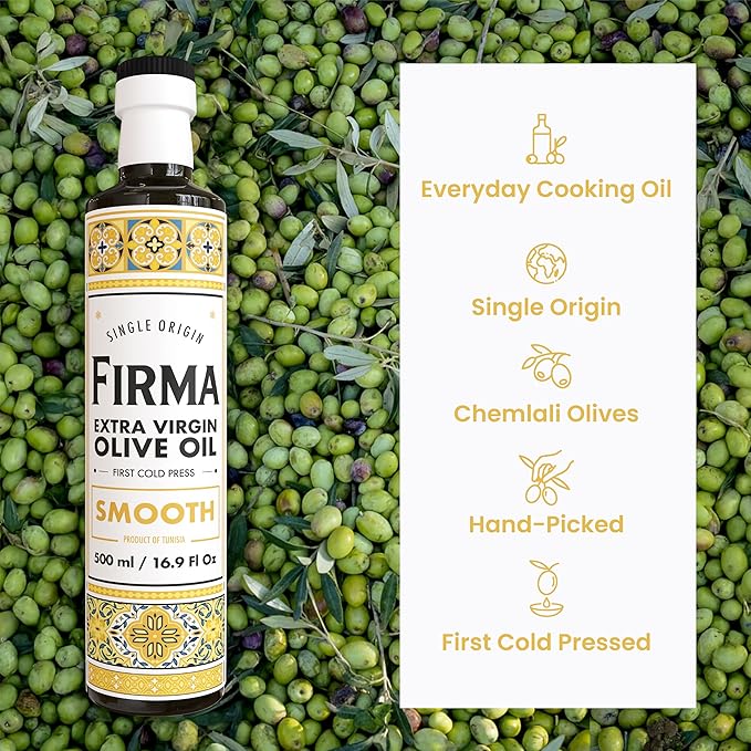 Smooth Extra Virgin Olive Oil – Single Origin Chemlali Olives from Tunisia, Buttery & Versatile, First Cold Press, Hand-Picked, Monovarietal, Family Made, Everyday Cooking Oil 500mL (16.9 oz)
