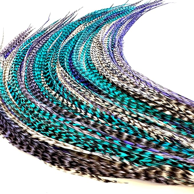 21 Purple, White & Turquoise Grizzly Hair Extensions – 9”–14” Long – DIY Rooster Kit with 20 Micro-Link Beads – 100% Real Feathers – Eye-Catching Boho Style