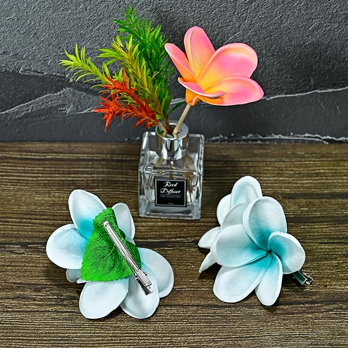 Pack of 2 Real Touch Flowers Hawaiian Flower Hair Clips Plumeria Hibiscus Hair Clips Handmade Hair Accessories for Beach Wedding Bridal Party Mother's Day Women Girls Holiday Gifts (c-827, 2pcs)