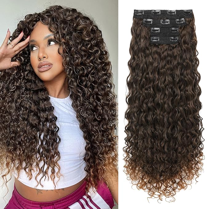 LONAI 4PC Clip in Hair Extensions, 100％ Pure Protein Silk Curly Hair Extension for Women, 26 Inch Long Soft Natural Hair Extensions-Dark Almond brown with copper