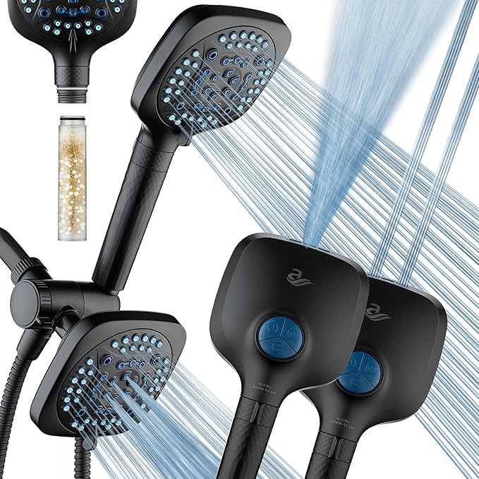 6-way High Pressure 82 Spray Mode Filtered Showerhead Combo - Handheld Shower Head Filters Chlorine to Heal Dry Skin, Revive Hair - Dual Power Wash Cleans Tub, Tile, Pets - Hard Water Softener, Black