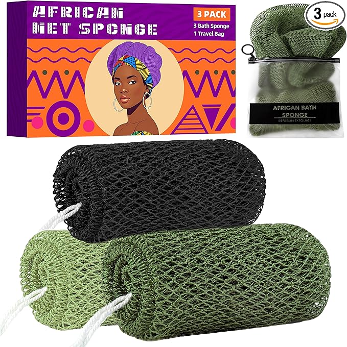 African Net Sponge Authentic, 3 Pieces Exfoliating Scrubber Bath Sponge for All Skin Types, Back Scrubber Loofah Washcloth for Shower, Gentle Exfoliation (Dark Green,Light Green,Black)