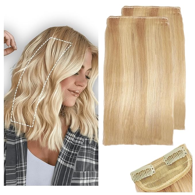2 Pcs Short Hair Extensions, Human Hair Pieces for Women Adding Volume 10 Inch Dark Blonde and Bleach Blonde