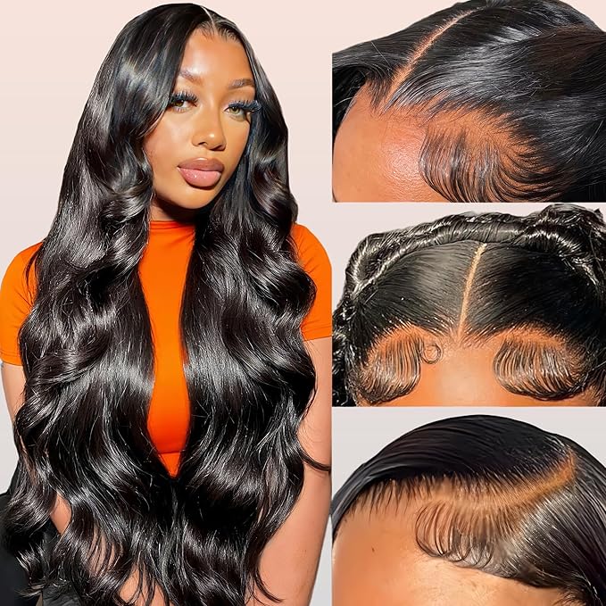13x4 HD Lace Front Wigs Human Hair 24 Inch Natural Black Body Wave Human Hair Wig 200 Density 12A Glueless Wigs Lace Front Wigs Pre Plucked Glueless Frontal Wig for Women