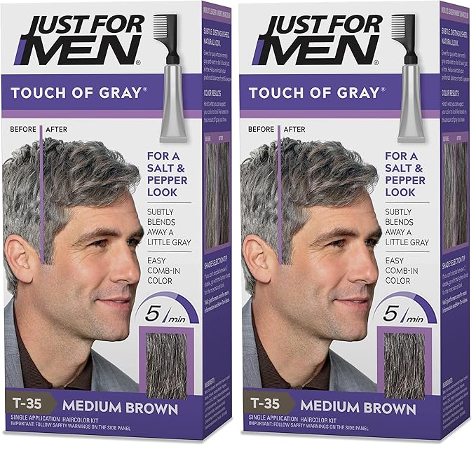 Just For Men Touch of Gray, Mens Hair Color Kit with Comb Applicator for Easy Application, Great for a Salt and Pepper Look - Medium Brown, T-35, Pack of 2