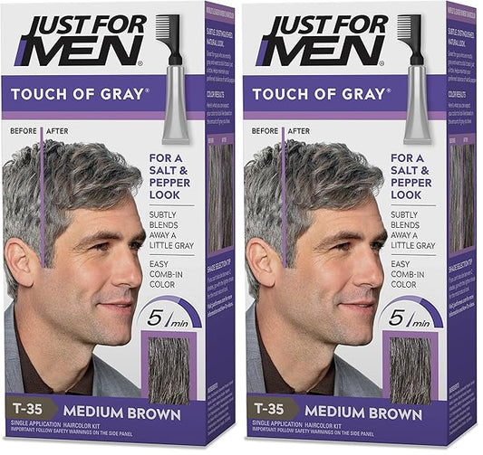 Just For Men Touch of Gray, Mens Hair Color Kit with Comb Applicator for Easy Application, Great for a Salt and Pepper Look - Medium Brown, T-35, Pack of 2