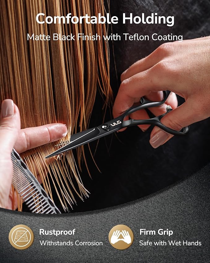 ULG Professional Hair Cutting Scissors 6.5 Inch – Japanese Stainless Steel Barber Shears for Salon & Home Haircut, Ergonomic Offset Handles with Silencer, Hand-Honed Sharp Blades, Matte Black