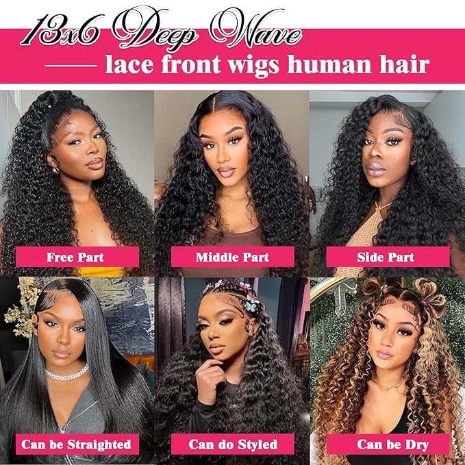 32 Inch Deep Wave Lace Front Wigs Human Hair 13x6 Hd Lace Front Wigs 180% Density For Women Wet And Wavy Glueless Wigs Pre Plucked With Baby Hair Deep Curly Wig Natural Black Color