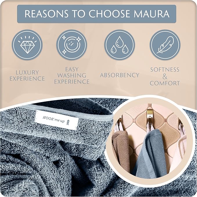 MAURA Basics Performance Bath Towels 100% Turkish Cotton with Hook Loops. Extra Large Luxury Absorbent Plush Towel Sets for Bathroom, Daily Use American Standard Size 27”x54”, Blue Gray