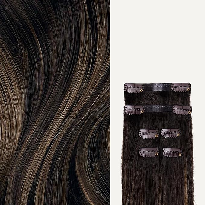 Luxy 100% Remy Human Hair Extensions for Thin Hair Thinning Hair Fill-Ins – 6 Seamless Wefts Multi-Dimensional Color Blend - Natural-Looking Volume & Coverage 50 grams 12" Mocha Bronde Balayage