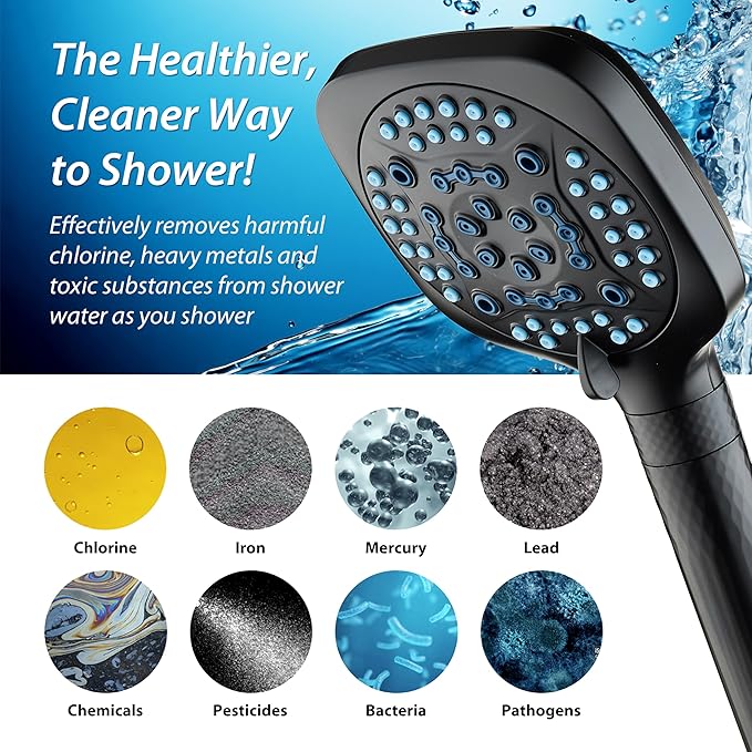 6-way High Pressure 82 Spray Mode Filtered Showerhead Combo - Handheld Shower Head Filters Chlorine to Heal Dry Skin, Revive Hair - Dual Power Wash Cleans Tub, Tile, Pets - Hard Water Softener, Black