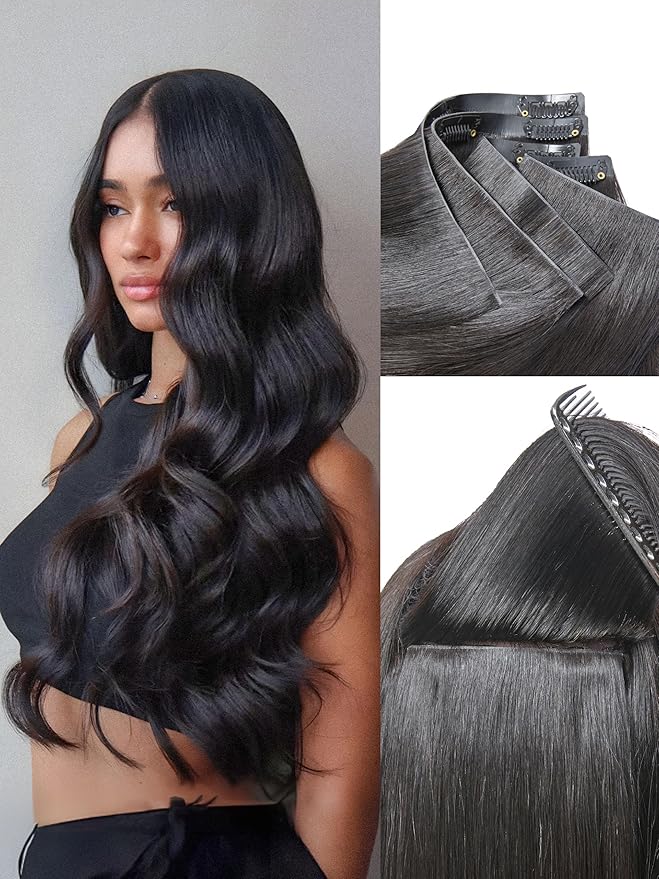 LUVME Invisible Clip in Hair Extensions Body Wave Real Human Hair, Remy Hair Clip ins for Women, Natural Human Hair, 14 inch 110g 6Pcs, Natural Black