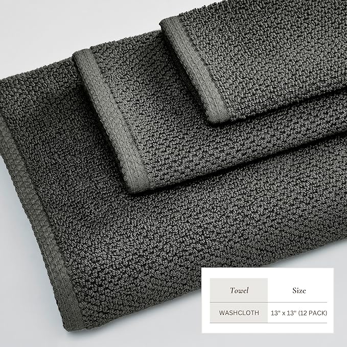 Great Bay Home 100% Cotton 12-Pack 13x13 Wash Cloth - Absorbent, Quick-Drying, Durable Face Towels for Bathroom Decor - Low-Twist, Two-Ply Fibers (Midnight)