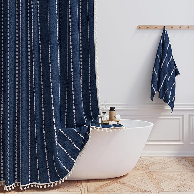 BTTN Boho Farmhouse Shower Curtain - Linen Rustic Heavy Duty Striped Fabric Shower Curtain Set with Tassel, Bohemian Vintage Country Cloth Shower Curtains for Bathroom，Navy Blue，72" W x 96" L