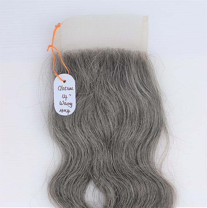 4x4 Closure 14" Salt & Pepper/Natural Gray Transparent Lace Hand Made with 100% Natural Indian Virgin Temple Raw Hair