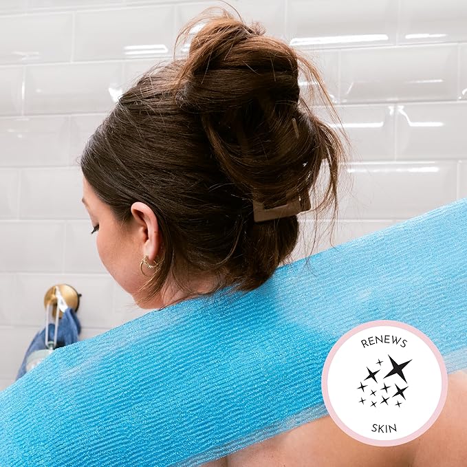 S&T INC. Back Scrubber for Shower, Exfoliating Body Scrubber or Bath Exfoliating Towel for Skin Care, 11.8 Inches x 35.4 Inches, Assorted Pink, 3 Pack