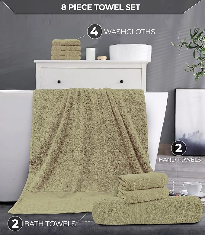 Softolle Luxury 8 Piece Towel Set, 2 Bath Towels 2 Hand Towels 4 Washcloths, Towels for Bathroom, Home, Spa & Gym - Highly Absorbent (Sage Green)