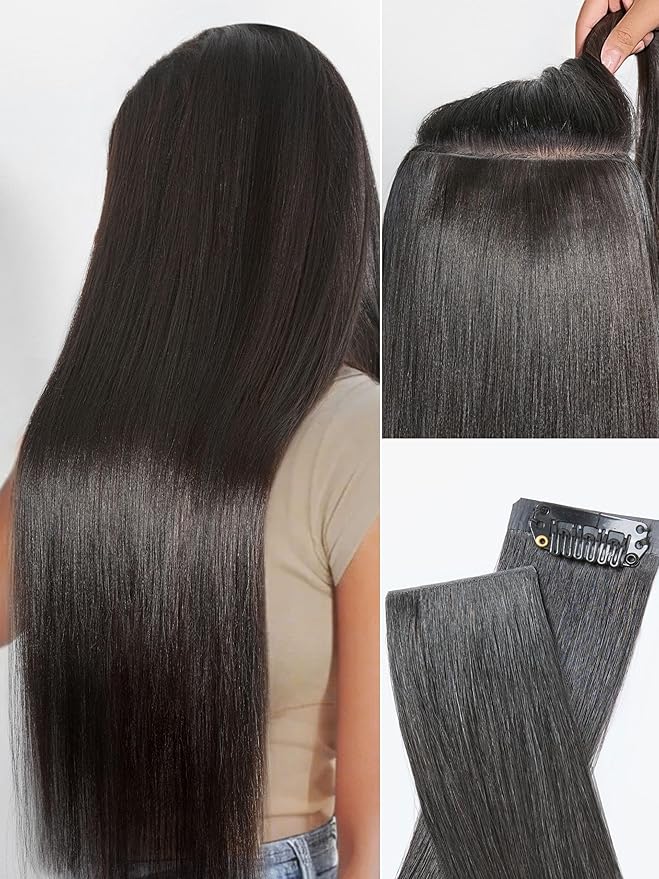 LUVME Invisible Clip in Hair Extensions, Yaki Straight Real Human Hair Remy Hair Clip ins for Women, Natural Human Hair, 24 inch 110g 6Pcs, Natural Black