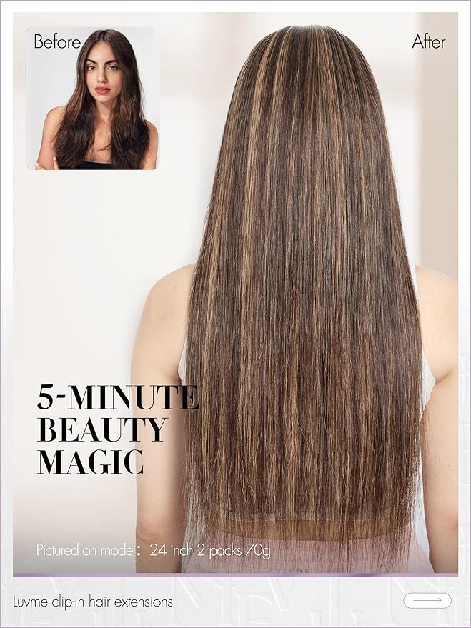 LUVME Clip in Hair Extensions, Straight Seamless 22 Inch 70g 4Pcs Brown Highlights, 100% Real Remy Human Hair, Soft Natural Full Max Invisible Comfortable Clip in Hair Extensions for Women