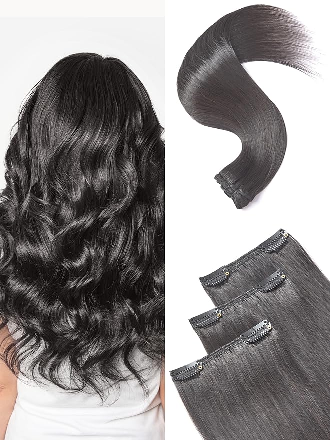 Frodio Clip Ins Hair Extensions Black 18 inches Remy Real Human Hair Seamless Silk Long Straight Full Thick Virgin Brazilian Jet Black Natural Color Beauty For Women Can Be Body Wave 110g 7 Piece