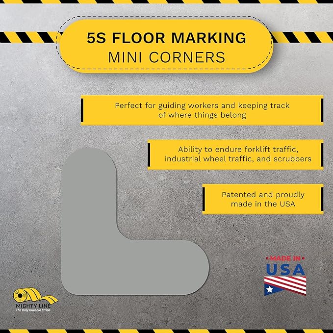 Mighty Line 3/4" Wide Solid Mini Corner Marker Floor Marking Tape, Heavy-Duty, Peel and Stick, Adhesive, Industrial Quality, Gray, Pack of 108