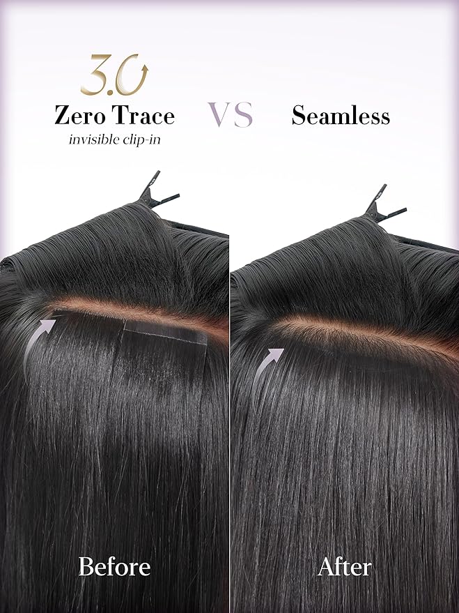 LUVME 0.59mm Zero Trace Invisible Clip in Hair Extensions, Silky Straight 6 Pcs 100g 24 Inch, 100% Real Human Hair Clip Ins, Sleek Long Silky Look with Wider Wefts for Glam, Weddings & Travel