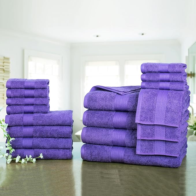 Ample Decor Bathroom Towel Set of 18-4 Hand Towel, 4 Bath Towel, 10 Wash Cloths - Oeko Tex Certified 600 GSM 100% Cotton - High Absorbency Quick Drying, Ideal for Gifting - Purple