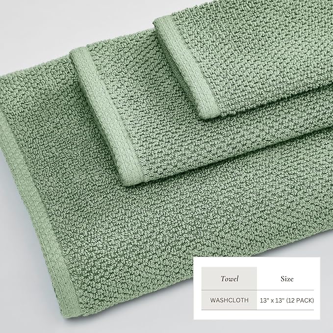 Great Bay Home 100% Cotton 12-Pack 13x13 Wash Cloth - Absorbent, Quick-Drying, Durable Face Towels for Bathroom Decor - Low-Twist, Two-Ply Fibers (Mineral Blue)
