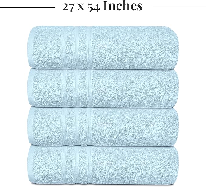 Tens Towels Pack of 4 Soft Bath Towels, 100% Cotton, 27 x 54 Inches, Lightweight & Quick-Dry, Ideal for Daily Bathroom Use, Practical & Comfortable, Sky Blue