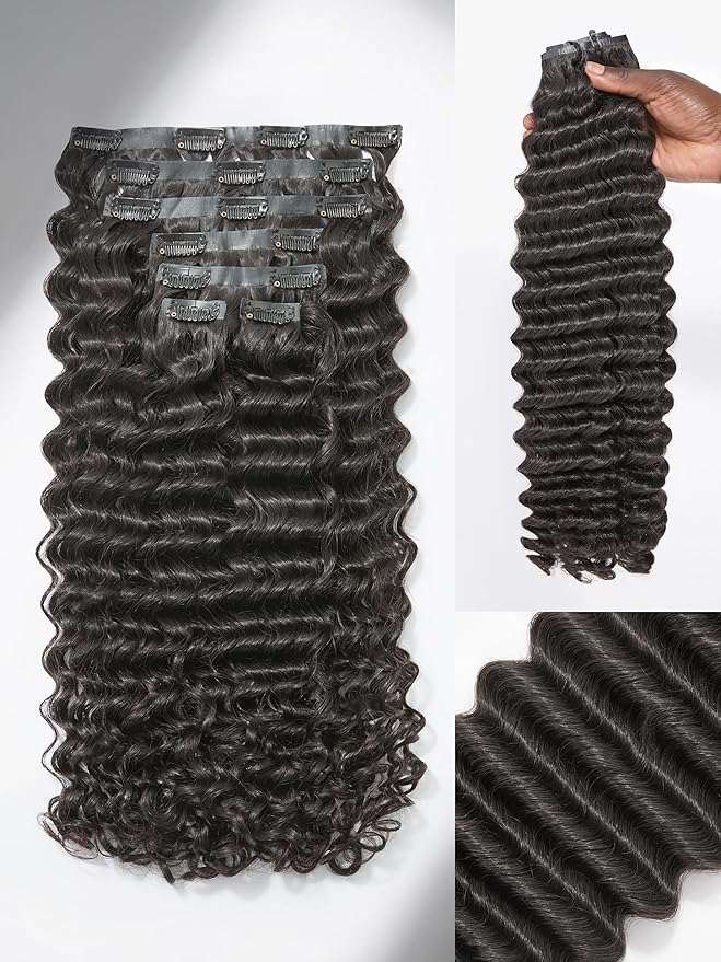 LUVME Clip in Hair Extensions Real Human Hair, Natural Black 135g 9pcs 18 Inch, Human Hair in Extensions for Women Clip ons Thick Loose Deep Wavy Extensions