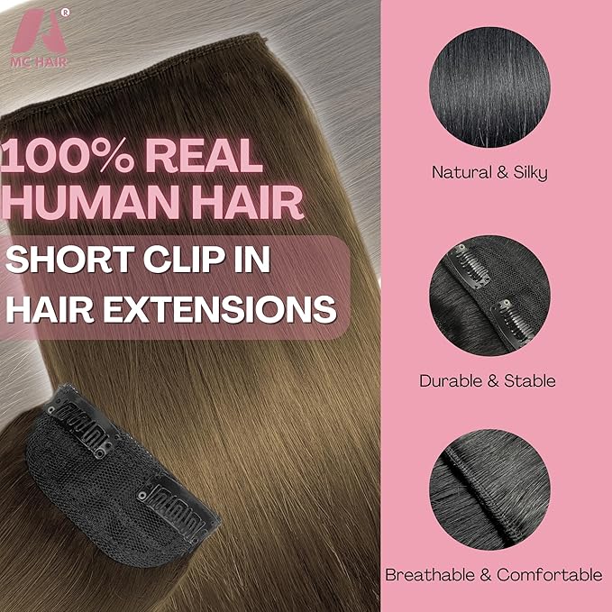 2 Pcs Short Hair Extensions, Real Hair Clip in Extensions Hair Human for Women 6 inch Medium Brown