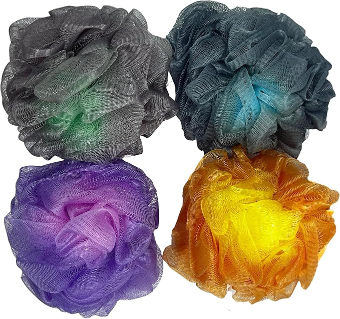 Color-Changing Bath Sponges Set - Multi-Color Body Loofahs for Shower & Exfoliating, Soft and Durable Shower Sponges with Hanging Lanyard, Pack of 4