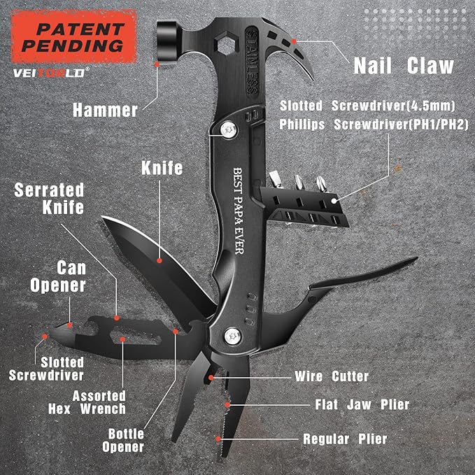 VEITORLD Gifts for Papa, Unique Birthday Gift Ideas for Papa Men Dad from Wife Daughter Son, All in One Survival Tools Hammer Multitool, Cool Gadgets Presents, Camping Accessories