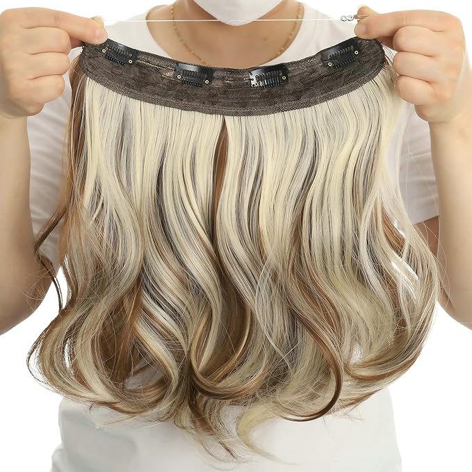 Invisible Wire Hair Extensions Transparent Wire Adjustable Size 4 Secure Clips Long Wavy Curly Secret Hairpiece 14 Inch for Women