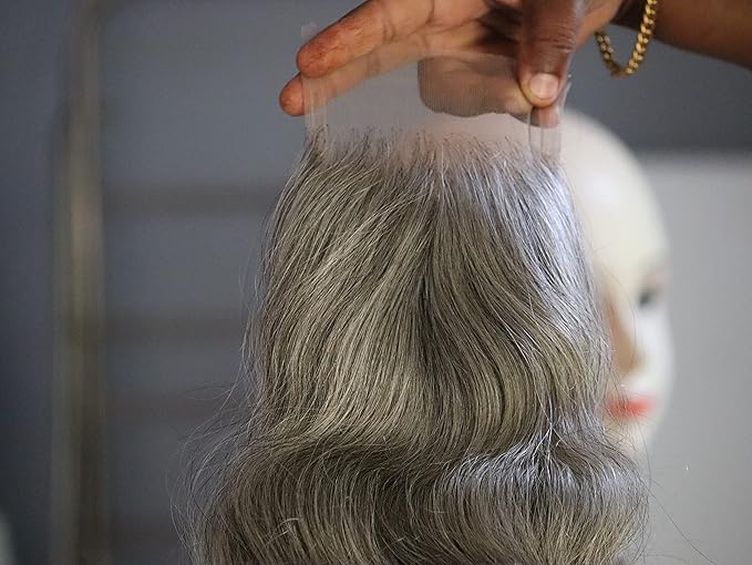 5x5 Closure 16" Salt & Pepper/Natural Gray Transparent Lace Hand Made with 100% Natural Indian Virgin Temple Raw Hair