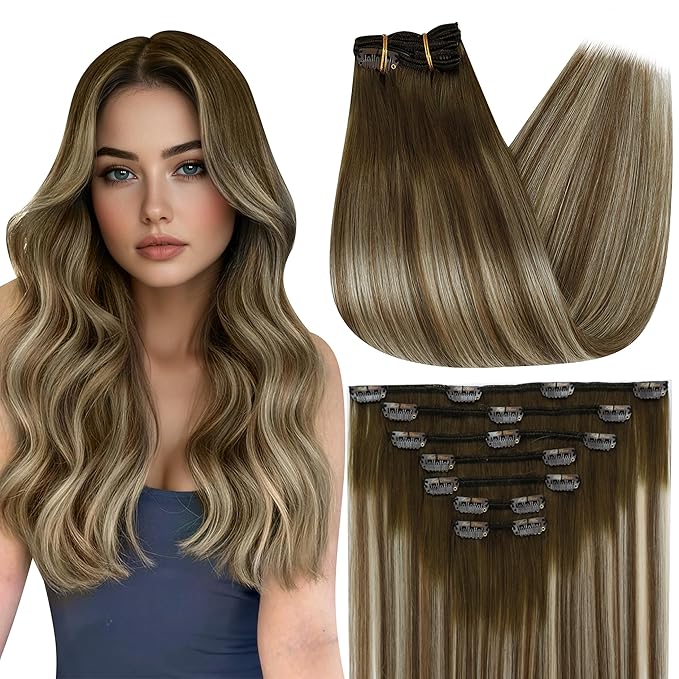 Full Shine Brown Clip in Hair Extensions Real Human Hair Ombre Clip in Extensions Balayage Brown to Blonde Short Hair Extensions for Bob 12 Inch 95 G 7 Pcs