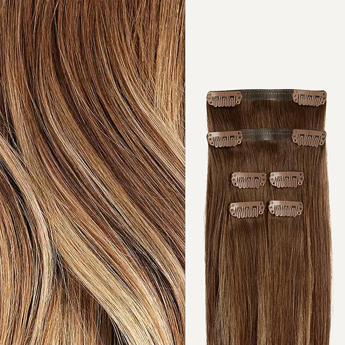 Luxy 100% Remy Human Hair Extensions for Thin Hair Thinning Hair Fill-Ins – 6 Seamless Wefts Multi-Dimensional Color Blend - Natural-Looking Volume & Coverage 95 grams 20" Chestnut Brown Balayage