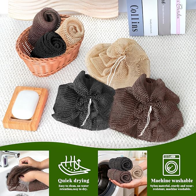 African Net Sponge Authentic, 3 Pieces Exfoliating Scrubber Bath Sponge for All Skin Types, Back Scrubber Loofah Washcloth for Shower, Gentle Exfoliation (Linen,Brown,Black)