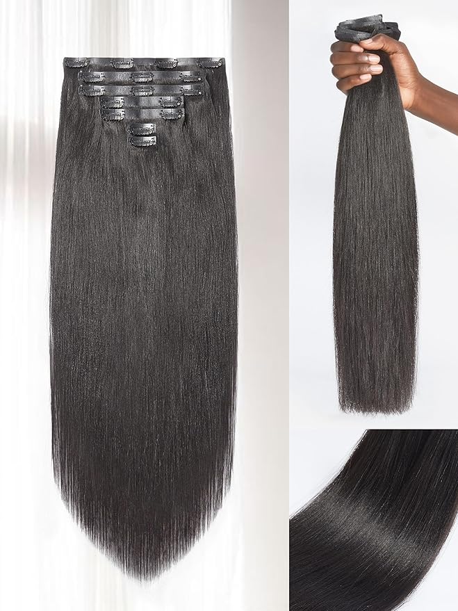 LUVME Yaki Straight Clip in Hair Extensions Real Human Hair For Women 100% Unprocessed Brazilian Virgin Hair clip ins Natural Black Hair Extensions 135g 9pcs 14 Inch