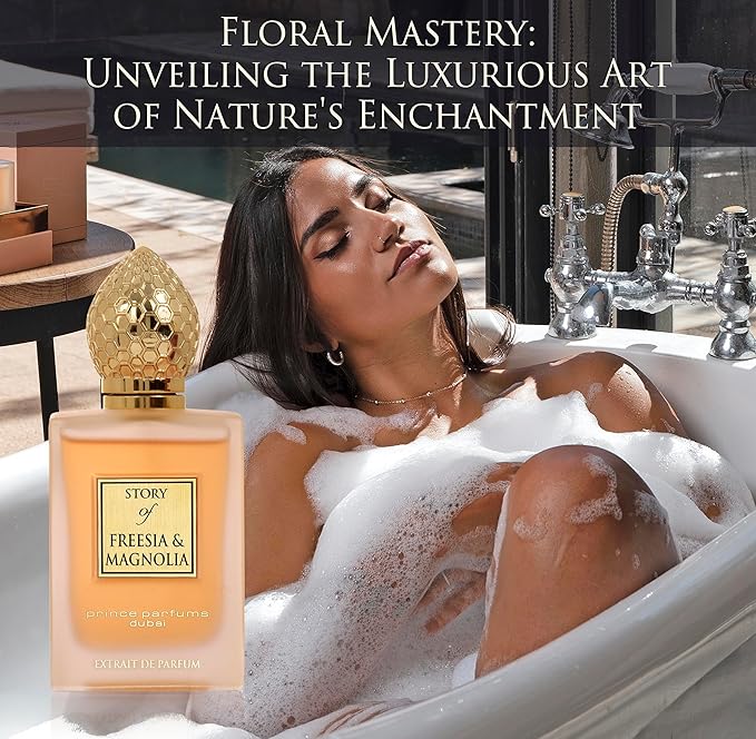 Prince Parfums Dubai - Story of Freesia Magnolia For Women - 3.4 Ounces - Extrait de Parfum - Delicate Bouquet of Freesia, Magnolia - Essence of Femininity & Beauty