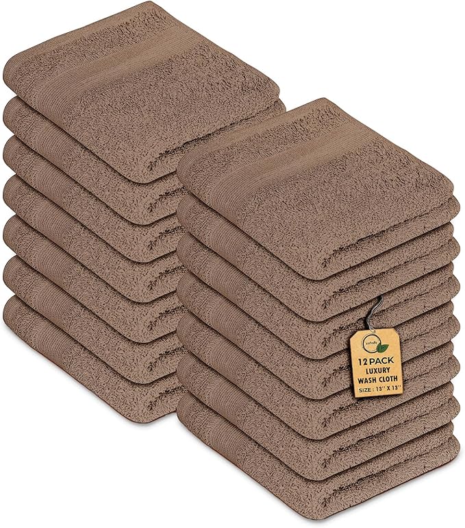 Premium Wash Cloths Pack of 12 (13" x 13") 100% Ring Spun Cotton | Luxury Washcloths | Ultra Soft Face Towels | Highly Absorbent Wash Cloths for face (Taupe)