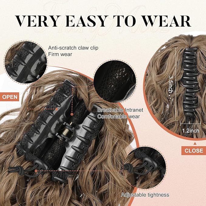 Flufymooz Ponytail Extension, 12" Short Claw Ponytail Extension Wavy Curly Jaw Clip in Pony Tail Hairpiece Natural Synthetic Hairpiece for Women (Brown Ash Blonde)
