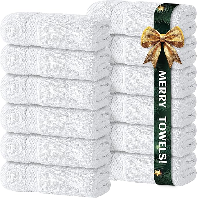 White Classic Luxury Cotton Washcloths 13x13 Inch - 650 GSM Turkish Cotton | Hotel, Spa, Bathroom Face Towel | 12 Pack
