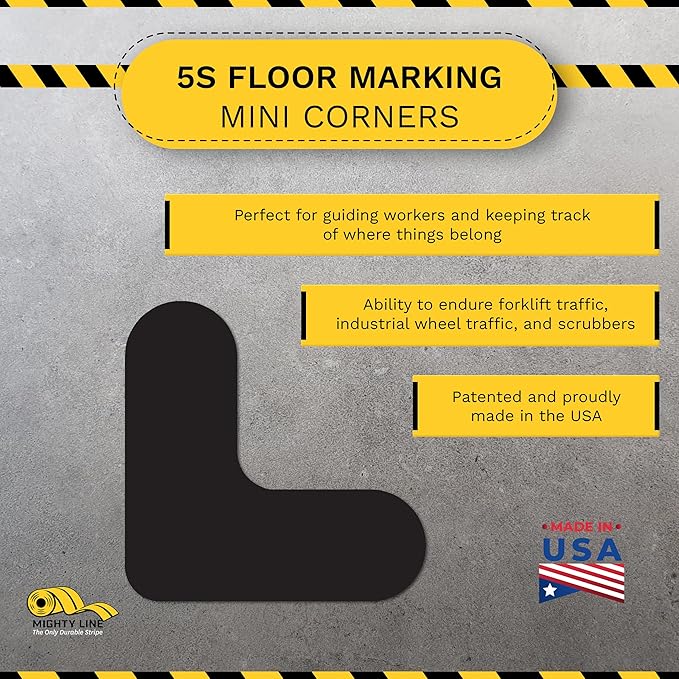 Mighty Line 3/4" Wide Solid Mini Corner Marker Floor Marking Tape, Heavy-Duty, Peel and Stick, Adhesive, Industrial Quality, Black, Pack of 108