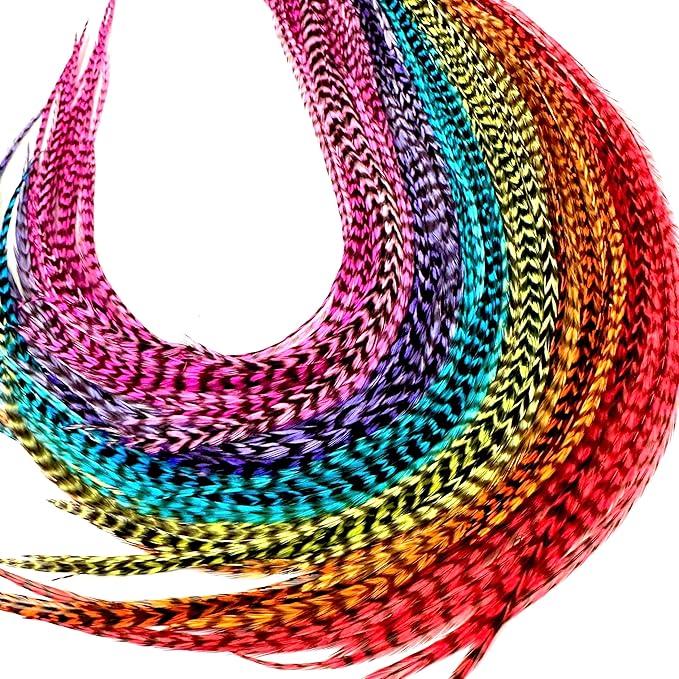 21 Rainbow Grizzly Color Hair Extensions – 9”–14” Long – DIY Rooster Kit with 20 Micro-Link Beads – 100% Real Feathers – Eye-Catching Boho Style