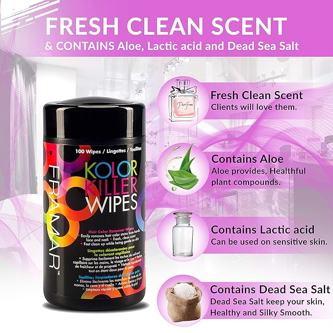 Framar Kolor Killer Wipes – Hair Dye Remover For Skin, Hair Color Remover For Dyed Hair, Gentle on Skin, Pleasant Scent – Wipes Dispenser of 100