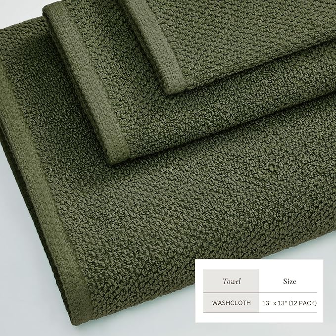 Great Bay Home 100% Cotton 12-Pack 13x13 Wash Cloth - Absorbent, Quick-Drying, Durable Face Towels for Bathroom Decor - Low-Twist, Two-Ply Fibers (Forest Green)